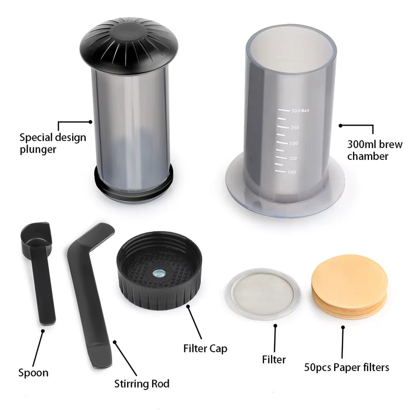 Portable 300ml AeroPress Coffee Maker Set – Includes Grinder & Filter Kit