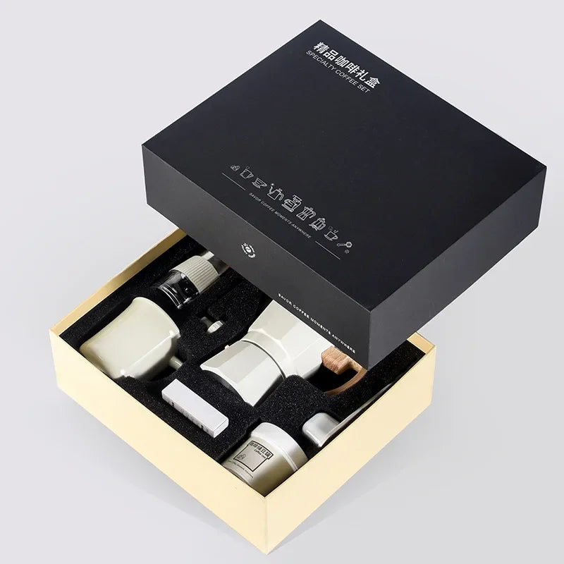 Premium Coffee Brewing Set: 6-Piece Collection Featuring Hand Grinder, Moka Pot, Cup, Bean Bin, Filter Paper, and Brush Spoon for the Ultimate Coffee Experience
