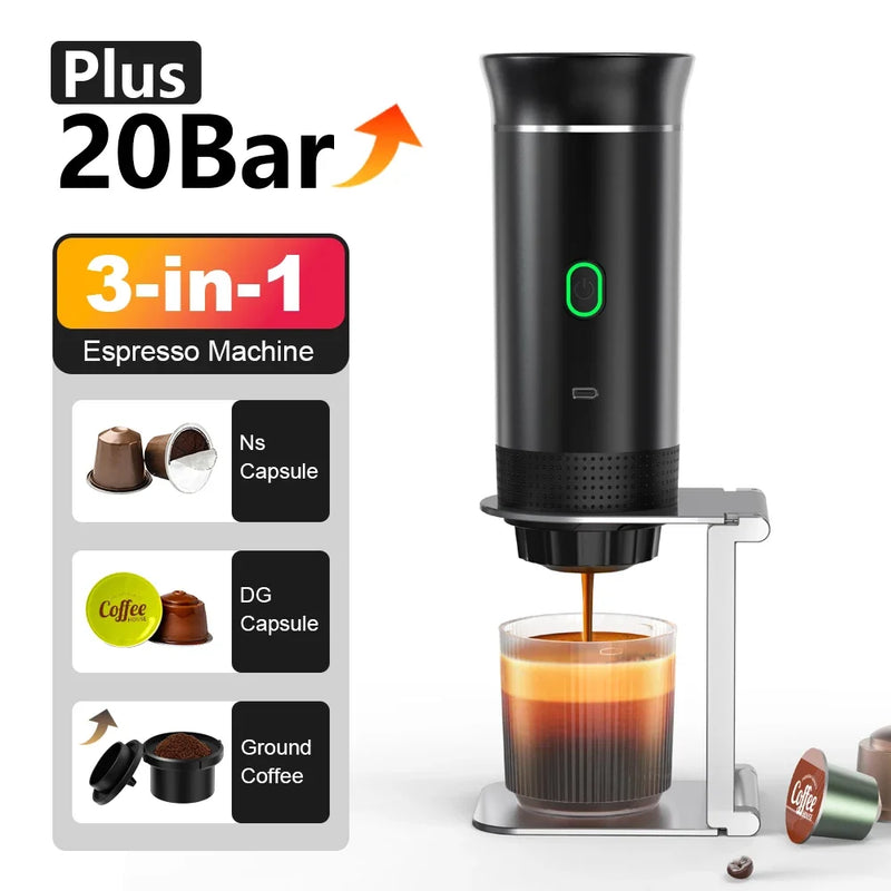 Portable Wireless Electric Espresso Coffee Maker for Car and Home - 3-in-1 Capsule and Ground Coffee Travel Machine
