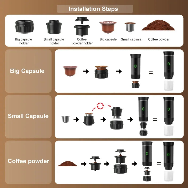 Portable Wireless Electric Espresso Coffee Maker for Car and Home - 3-in-1 Capsule and Ground Coffee Travel Machine