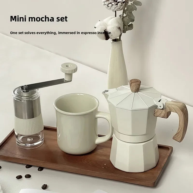 Premium Coffee Brewing Set: 6-Piece Collection Featuring Hand Grinder, Moka Pot, Cup, Bean Bin, Filter Paper, and Brush Spoon for the Ultimate Coffee Experience