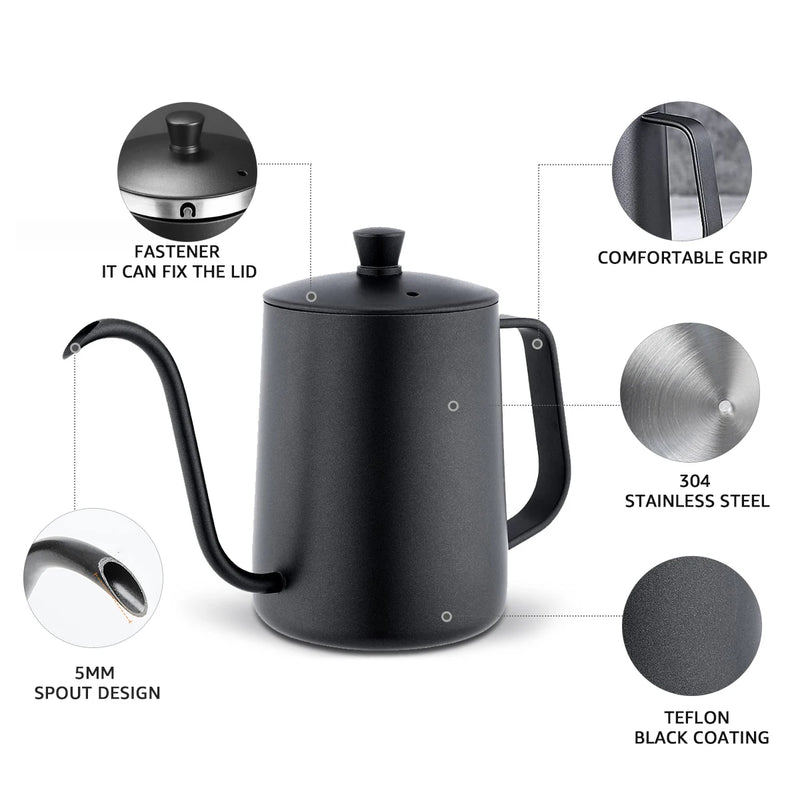Stainless Steel Gooseneck Pour Over Coffee Kettle - 350/600ML Capacity with Precision Long Narrow Spout