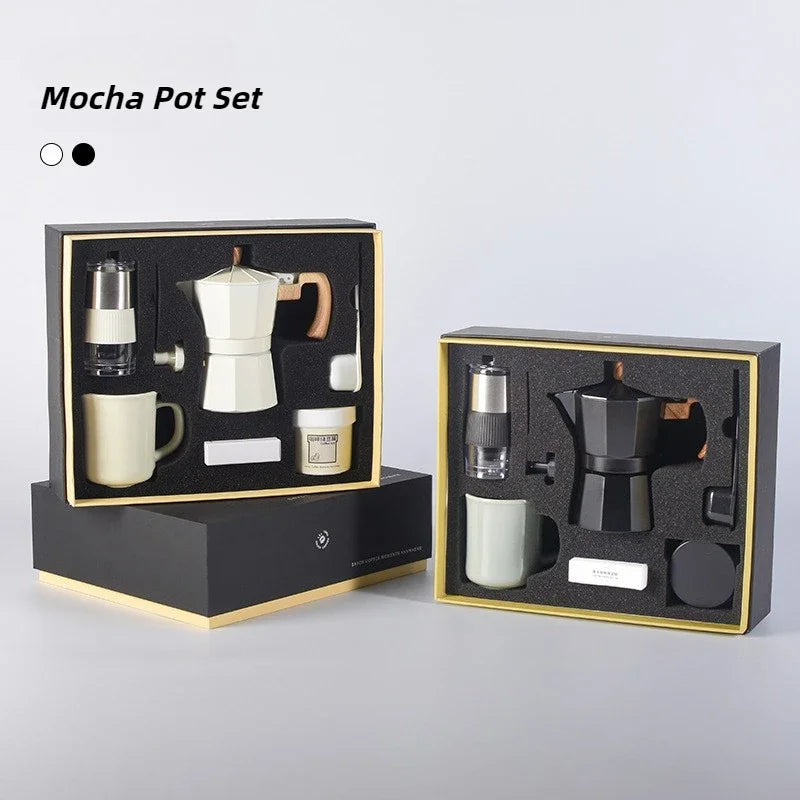 Premium Coffee Brewing Set: 6-Piece Collection Featuring Hand Grinder, Moka Pot, Cup, Bean Bin, Filter Paper, and Brush Spoon for the Ultimate Coffee Experience