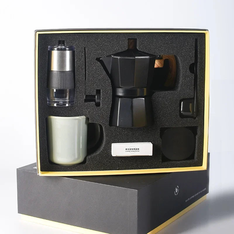 Premium Coffee Brewing Set: 6-Piece Collection Featuring Hand Grinder, Moka Pot, Cup, Bean Bin, Filter Paper, and Brush Spoon for the Ultimate Coffee Experience