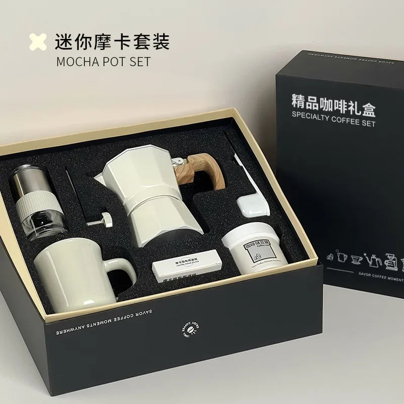 Premium Coffee Brewing Set: 6-Piece Collection Featuring Hand Grinder, Moka Pot, Cup, Bean Bin, Filter Paper, and Brush Spoon for the Ultimate Coffee Experience