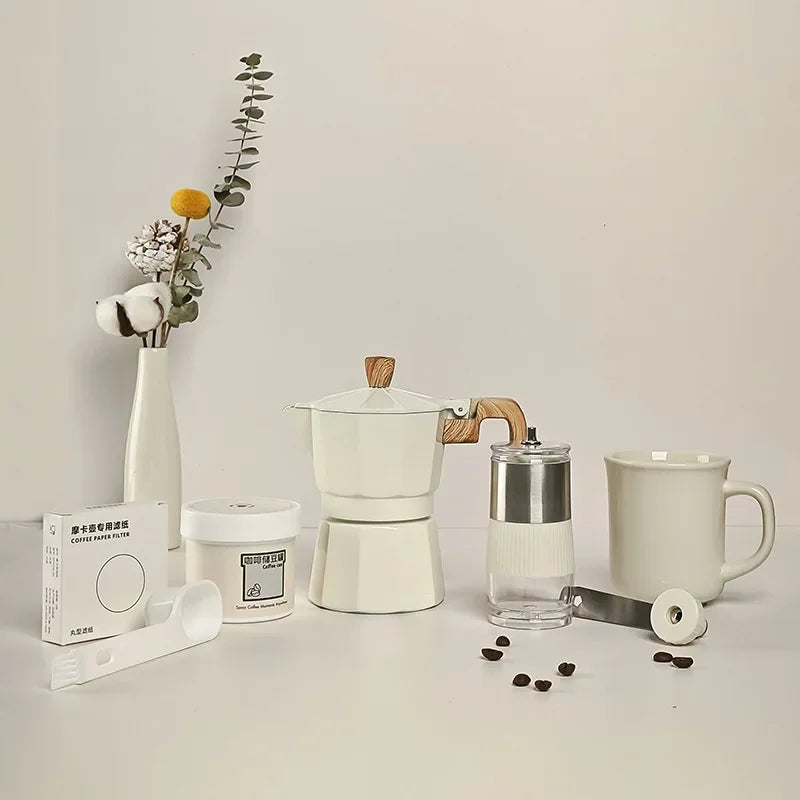 Premium Coffee Brewing Set: 6-Piece Collection Featuring Hand Grinder, Moka Pot, Cup, Bean Bin, Filter Paper, and Brush Spoon for the Ultimate Coffee Experience