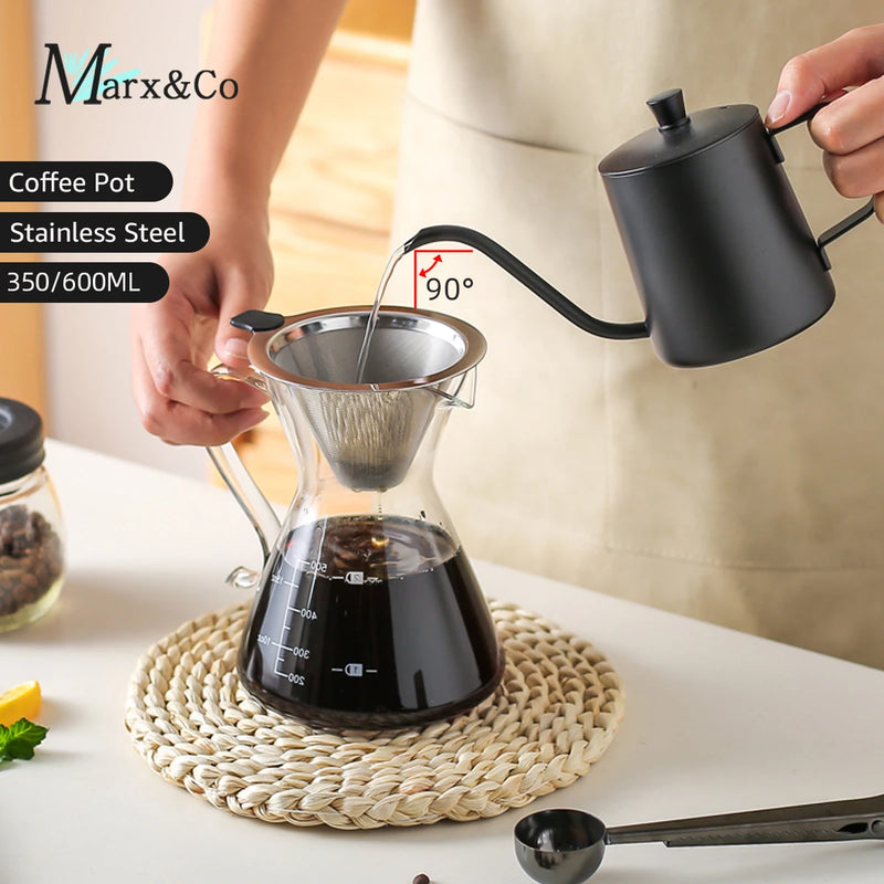 Stainless Steel Gooseneck Pour Over Coffee Kettle - 350/600ML Capacity with Precision Long Narrow Spout
