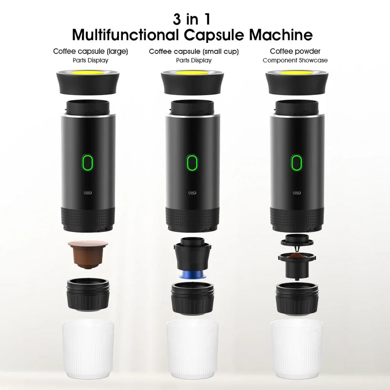Portable Wireless Electric Espresso Coffee Maker for Car and Home - 3-in-1 Capsule and Ground Coffee Travel Machine