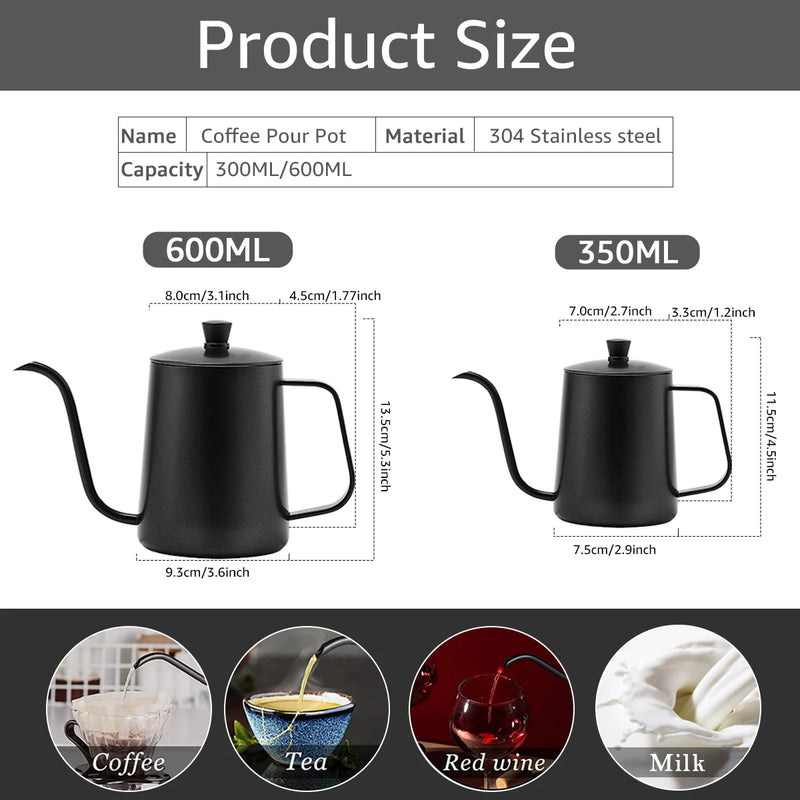 Stainless Steel Gooseneck Pour Over Coffee Kettle - 350/600ML Capacity with Precision Long Narrow Spout